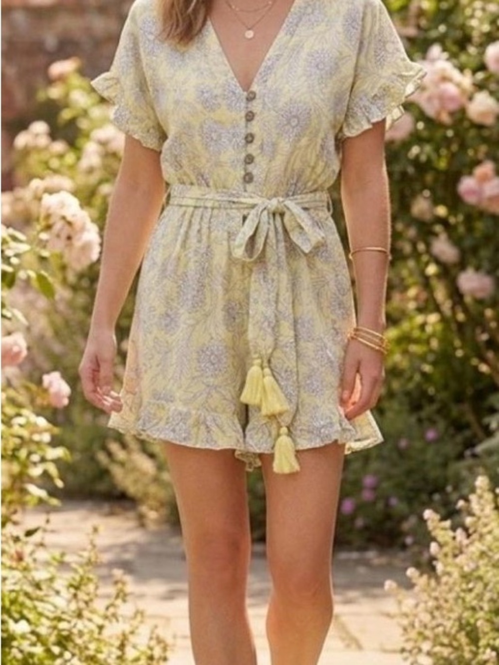 Elan Yellow & Light Gray Floral Tie-Waist Romper